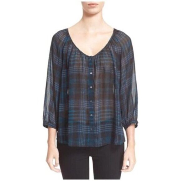 Joie Black & Blue Vorda Plaid Sheer Silk Long Sleeve XS - Picture 1 of 5